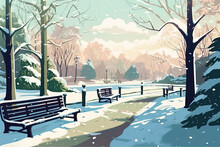 Illustration With Benches In The Snowy City Park. Landscape Of The City Park In Winter