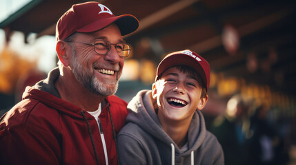 american man with his son. father and son are smiling at baseball stadium.