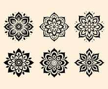 Simple Shape Mandala Flowers, Abstract Floral Elements, Meditative Flower Motif