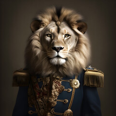 Realistic lifelike lion in renaissance regal medieval noble royal outfits, commercial, editorial advertisement, surreal surrealism. 18th-century historical