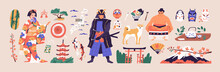 Japanese Art And Culture Set. Geisha In Kimono, Samurai, Koi Carps, Pagoda Architecture, Tea, Noh Masks, Maneki Neko Toy. National Traditional Japan Heritage. Isolated Flat Vector Illustrations