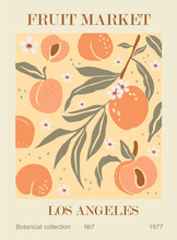 Abstract Fruit Market Los Angeles Retro Poster. Trendy Contemporary Wall Art With Peach Design In Danish Pastel Colors. Modern Naive Groovy Funky Interior Decoration, Painting. Vector Illustration.