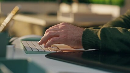 Wall Mural - freelancer hands typing keyboard office close up. man fingers working computer
