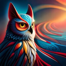 An Illustration Of A Red Owl With Bright Blue Eyes In The Style Of Abstract Expressionism With Volumetric Lighting