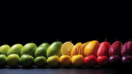 Wall Mural - Fruits on a dark background, neatly arranged by color gradation. Generative ai