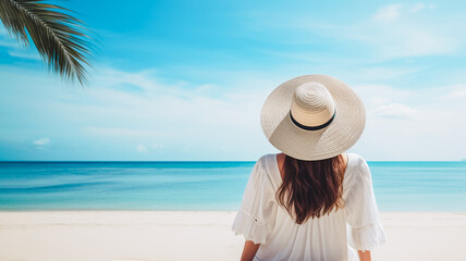 The back of women sitting on the beach wearing big white hat, generative AI.