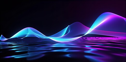 Wall Mural - 3d render, abstract background with colorful neon wavy lines, reflection in water