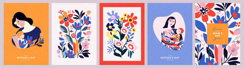 Wall Mural - mothers day card set. trendy posters or covers with flowers, abstract floral patterns and mother wit