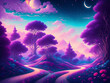 Beautiful purple fantasy and dreamy anime panorama view background. Generative AI, AI Generated.