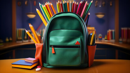 green schoolbag on a desk, backpack for children, child, back to school, school supplies, pen, pencils, multicolor, recess, classroom background, books for studying, education for children, college