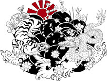 Traditional Old Dragon Battle Tiger Vector For Tattoo Design On Background.Chinese Dragon Fighting Tiger With Sunrise And Flower For Printing On T-shirt.Idea For Coloring Book Illustration On Isolated