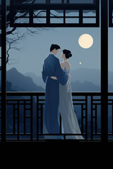 A man and a woman standing on a balcony at night. Digital image. Illustration in Chinese style.