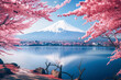Leinwandbild Motiv The breathtaking Mount Fuji stands majestically over a serene lake, surrounded by vibrant flowers and lush trees