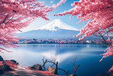 Fototapeta Natura - The breathtaking Mount Fuji stands majestically over a serene lake, surrounded by vibrant flowers and lush trees