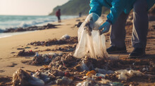 Man In Gloves Pick Up Plastic Bags That Pollute Sea. Problem Of Spilled Rubbish Trash Garbage On The Beach Sand Caused By Man - Made Pollution And Environmental, Campaign To Clean Volunteer In Concept