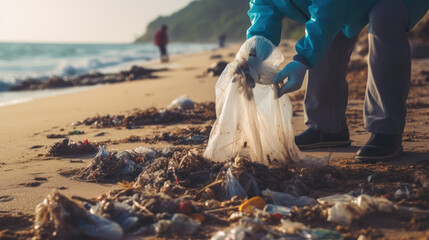 Man in gloves pick up plastic bags that pollute sea. Problem of spilled rubbish trash garbage on the beach sand caused by man - made pollution and environmental, campaign to clean volunteer in concept