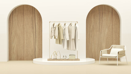 Wall Mural - Clothes on beige background, shelf on cream background. Collection of clothes hanging on a rack in neutral  colors. 3d rendering, store and bedroom concept	