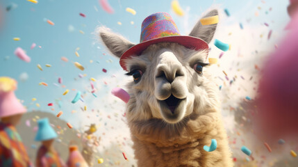 Wall Mural - Happy lama smiling wearing hat, birthday concept.