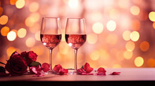 Romantic Concept. Two Glasses Of Vine With Pink Rose Petals With Bokeh Background. Valentine's Day Banner. Celebration With Wine And Red Rose.