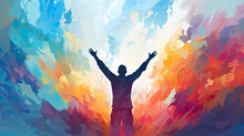 Man Raises His Hands To Worship And Praise God. Christian Illustration.
