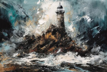 An Old Lighthouse On A Rocky Shore During A Strong Storm, An Illustration In The Style Of Oil Painting. Generated By Ai