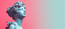 Marble Statue Of The Head Of Aphrodite In A Pensive Pose On A Pastel Gradient Background