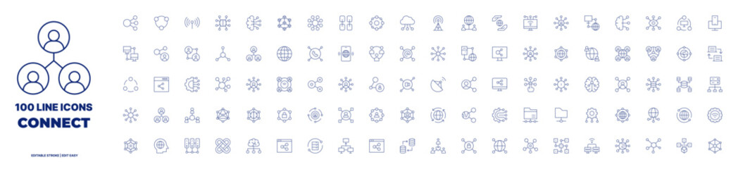 100 icons connect collection. thin line icon. editable stroke. containing abstract, share, antenna, 