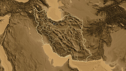 Wall Mural - Shape of Iran with regional borders. Sepia elevation.