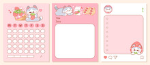 Kawaii Note Pad Set With Cat And Strawberry Dessert Food. Weekly Plan, To Do List, Check List. Cute Memo Pads, Stationery, Sticky Note For Task Planning And Study.