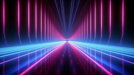 Fototapete - Generative AI : Abstract neon light road background, Neon Fuchsia and Bright Teal neon lines going up