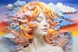 Plastic bust of woman in clouds, with flowers, head with flowing hair, artwork, colorful design