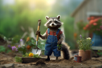 Wall Mural - Cheerful Raccoon Gardening Among Vegetables with a Shovel in a Bed - AI generated