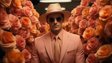 A man in a pink suit against a background of flowers created with generative AI technology