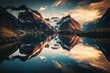 Beautiful mountain and fjord scenery with stunning reflection in Norway's Scandinavian mountains. Artistic image brings a feeling of liberation. Generative AI