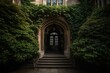 Entrance to ancient college building, adorned in ivy, flaunting stunning Gothic architecture. Generative AI