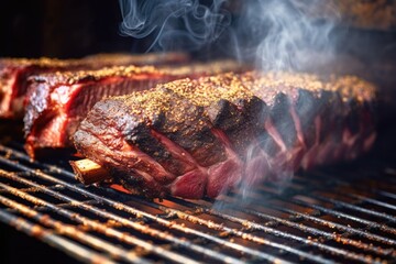 Poster - close-up of smoking bbq ribs in a smoker