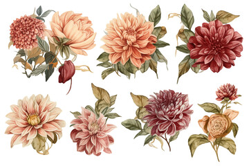 Autumn clip art dahlia flowers, seamless decorative pattern elegant print, garden pattern