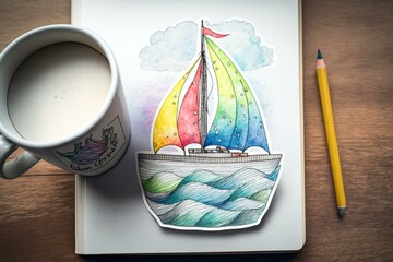 A cute watercolor boat sailing on the ocean with funny sails and colored with pencil printing and ink. Has a vignette effect and high grain sticker. Perfect for children's illustration. Generative AI