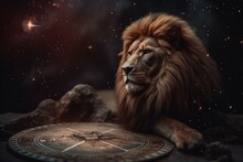 Zodiac Lion Among Nebula, Horoscope Symbol With Astrology Calendar And Fortune Telling. Generative AI