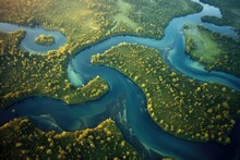 Aerial View Of A Meandering River Delta