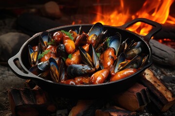 Sticker - mussels in a cast iron skillet over open flame