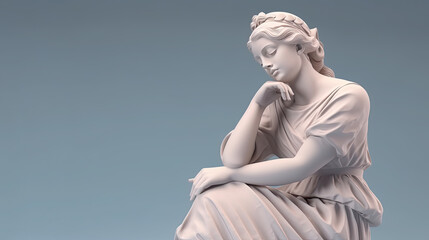 Marble statue of Aphrodite in a thinks pose on a pastel background