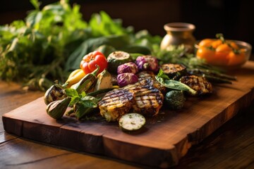 Sticker - charred grilled vegetables on rustic cedar plank