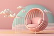 Minimal, geometric 3D render of pastel pink shape with beach chair and inflatable on pink interior background and sky. Generative AI