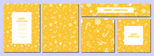 Yellow Christmas Template Designs With White Christmas Element Patterns. Candy Cane, Wreath, Ribbons, Snowflakes. Poster, Banner, Card, Header, Pattern. Editable Vector Illustration. EPS 10.