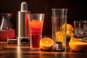 Canvas Print - cocktail shaker, glass, and tequila sunrise ingredients