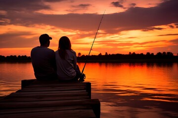 A romantic scene of a couple enjoying a fishing date on a quiet pier at sunset, encapsulating love, companionship, and shared hobbies in nature