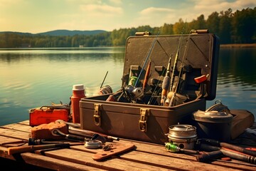 Sticker - A well-organized display of fishing gear, including rods, a tackle box, and bait on a rustic wooden dock, illustrating preparation for a fishing adventure