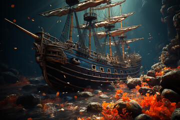 Aufkleber - A haunting underwater photograph of a shipwreck resting on the ocean floor, surrounded by marine life and engulfed in soft, Generative AI technology.