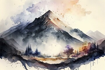 Wall Mural - Watercolor mountain landscape. Generative AI